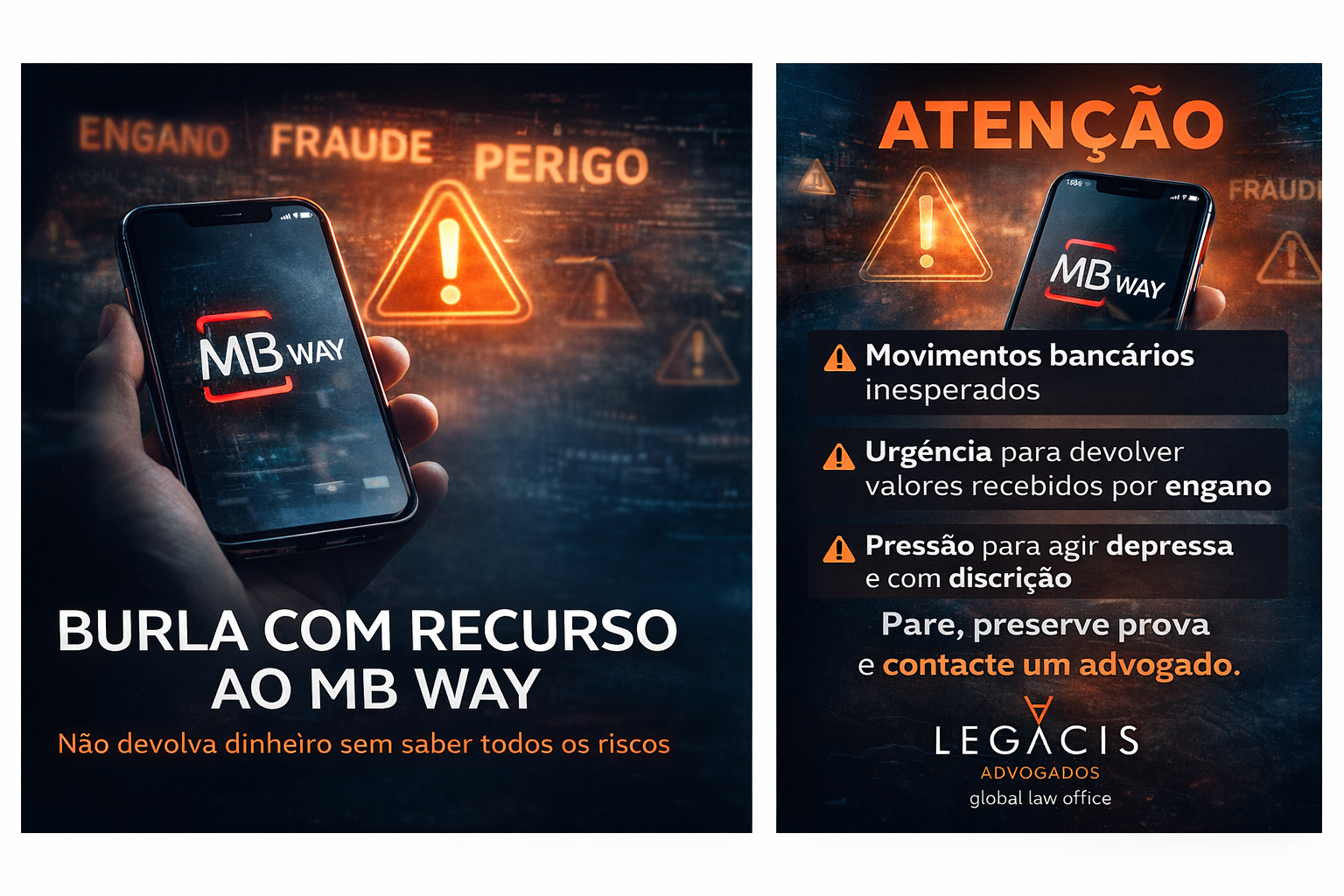 Ilustração de fraude com MB WAY, com smartphone, símbolo de alerta e referências a perigo, engano e
