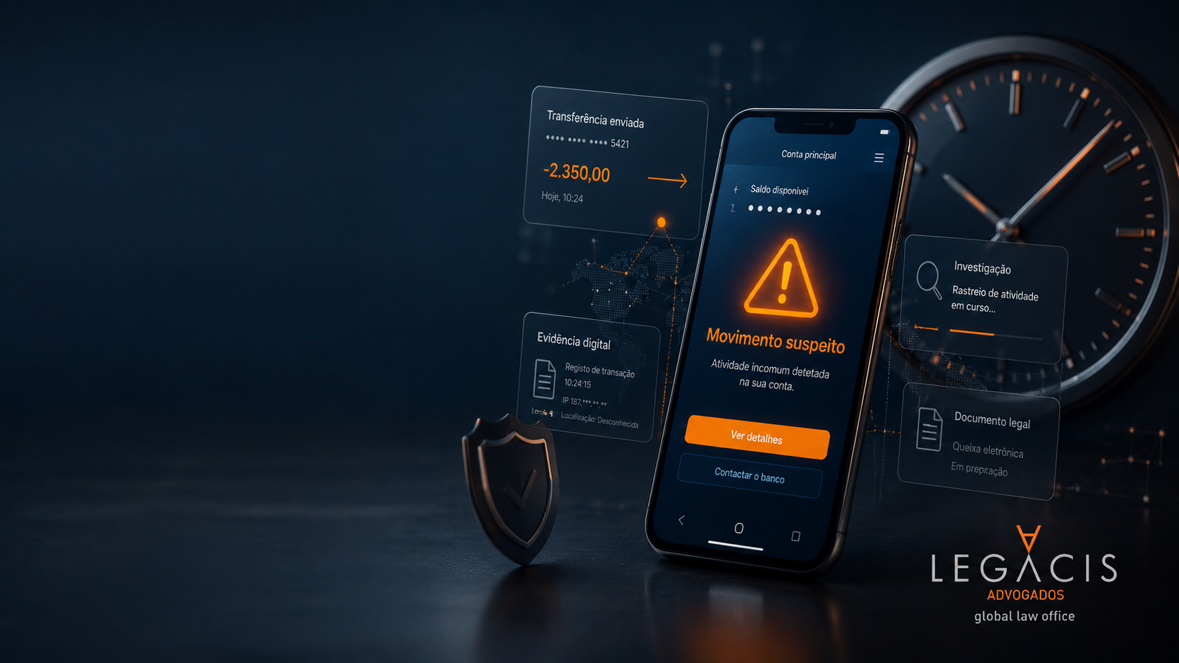 Ilustração de fraude online com smartphone, alerta de movimento suspeito, elementos de prova digital