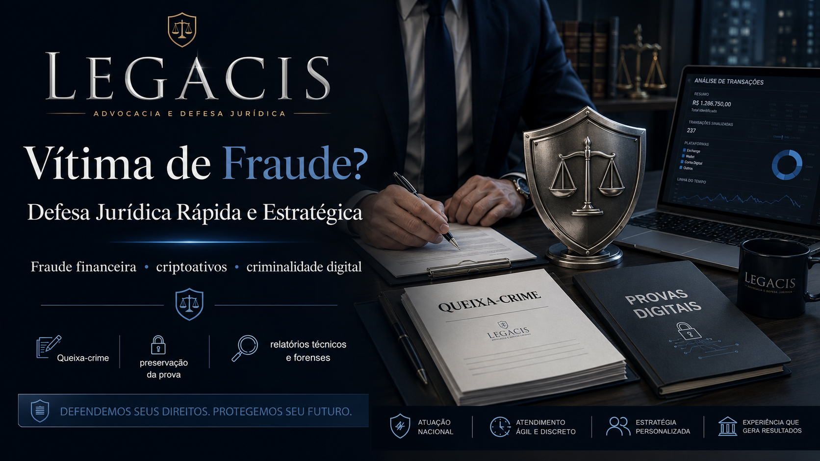 LEGACIS – defesa jurídica de vítimas de fraude financeira, fraude online e criptoativos, com queixa